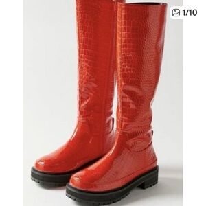 Urban Outfitters Dark Red Orange Croc-Embossed Knee-High Platform Boots. NWT
